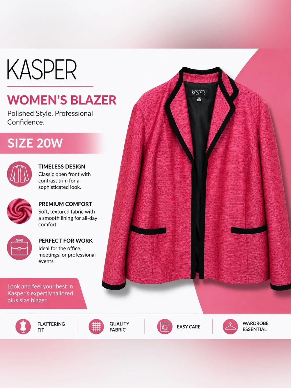 Kasper Pink Open-Front Blazer with Black Contrast Trim